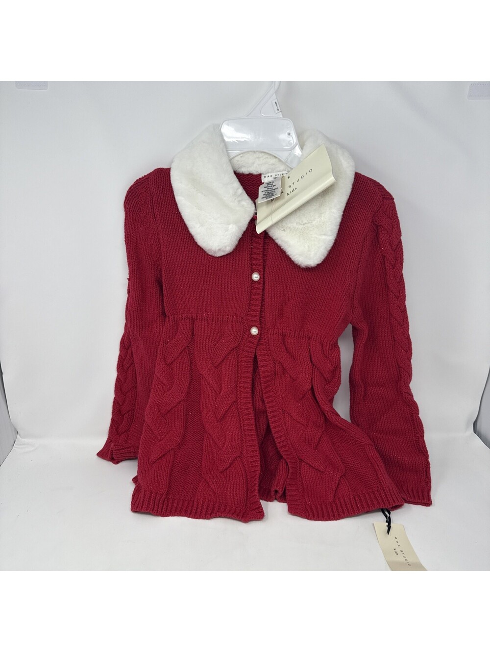 NWT MAX Studio Girl 5-6 Holiday Red Cardigan Sweater White Faux Fur Collar